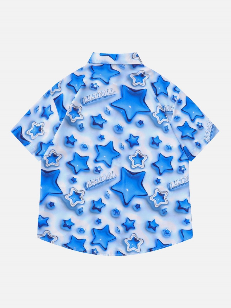 Bleu  Chemise à Manches Courtes Aelfric Eden All-over Plates Star Visual 3d Print - QAD-9405316